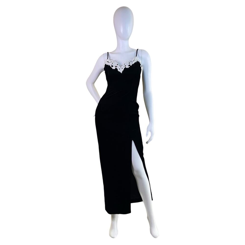 1990s Vintage Roberta Black Velvet Lace Applique Dress | Beaded Maxi Size 3/4
